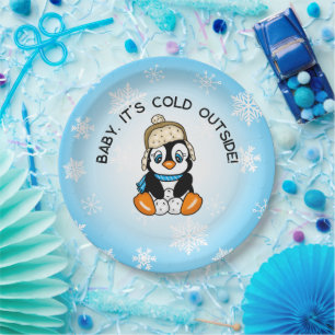 Prato De Papel Pinguim-Bebê-Cujo-Neve Tem Fundo