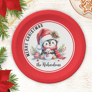 Prato De Papel Pinguim branco e vermelho festivo Feliz Natal