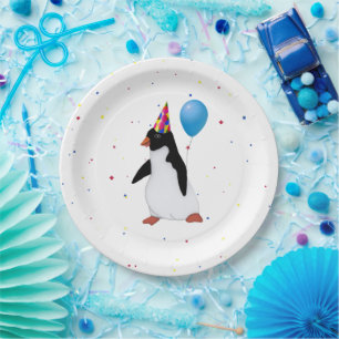 Prato De Papel Pinguim Com Placas De Aniversário De Balão Azul