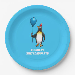 Prato De Papel Pinguim com um balão azul