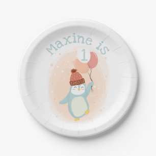 Prato De Papel Pinguim Cute Pastel Personalizável com Balões