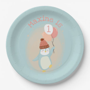Prato De Papel Pinguim Cute Pastel Personalizável com Balões