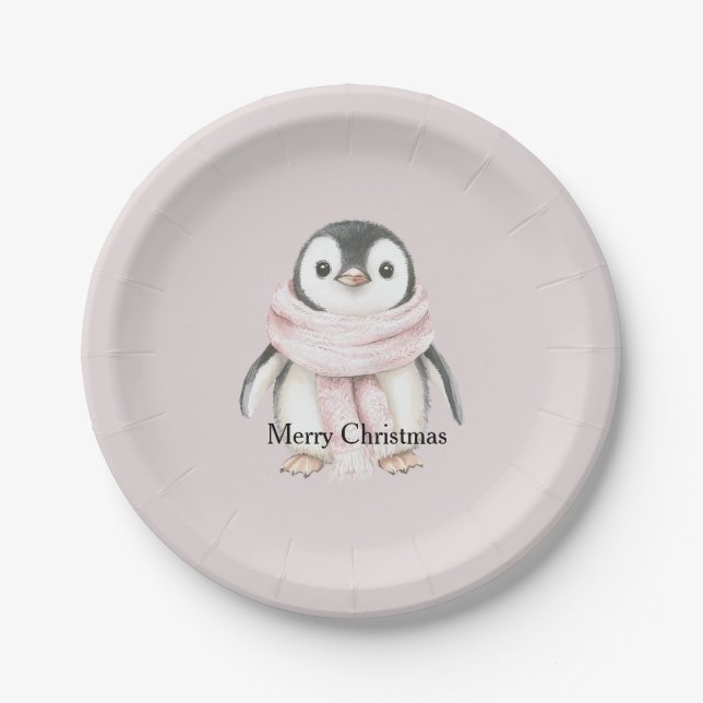 Prato De Papel Pinguim de Cachecol Rosa Natal (Frente)