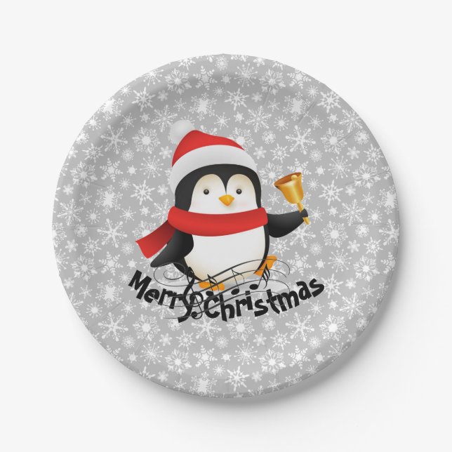 Prato De Papel Pinguim de Natal feliz Placa de Papel (Frente)