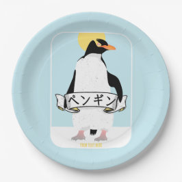 Prato De Papel Pinguim escrevendo japonês que lê pinguim