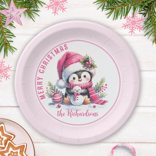Prato De Papel Pinguim Gelado Rosa Personalizado Feliz Natal (Criador carregado)