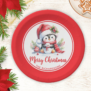 Prato De Papel Pinguim Gelado Vermelho Branco Personalizado Feliz