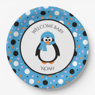 Prato De Papel Pinguim giro com chapéu azul e pontos de polca esc