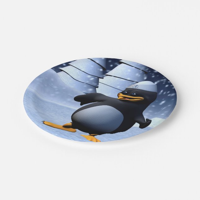 Prato De Papel Pinguim Marinheiro Engraçado Dançando (Inclinado)