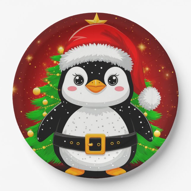 Prato De Papel 🎄🎅️ Pinguim Papai Noel Árvore de Natal Diversão  (Frente)