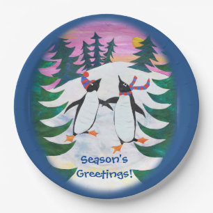 Prato De Papel Pinguins de patinação em forma de neve