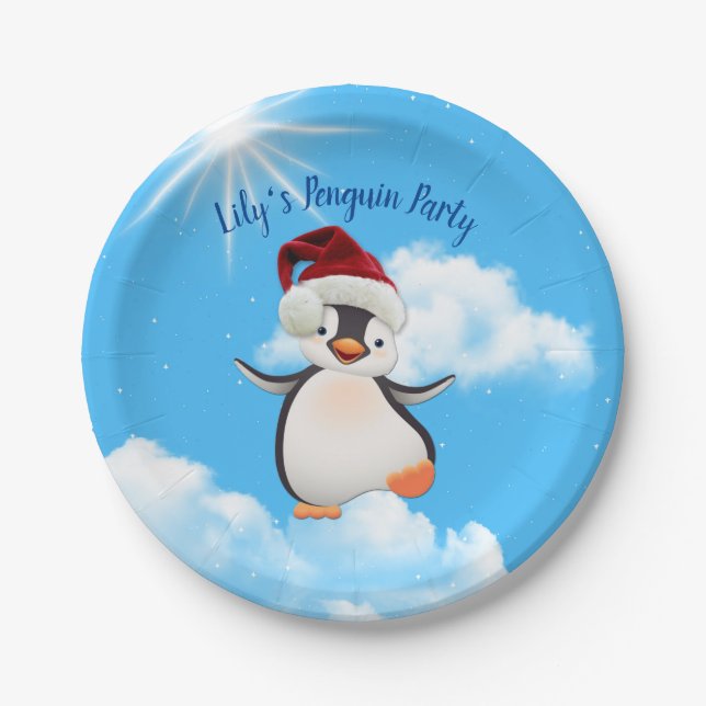 Prato De Papel Pinguins felizes, chapéus de Papai noel (Frente)