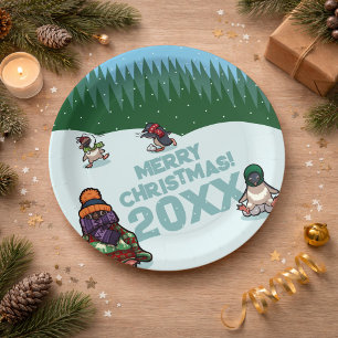 Prato De Papel Pinguins Fofos Adicionam Ano Feliz Natal! Inverno