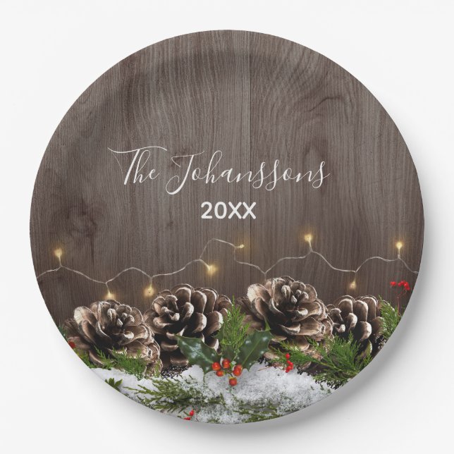 Prato De Papel Pinheiros de madeira russa e neve Natal (Frente)