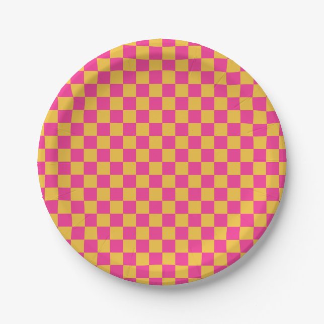 Prato De Papel Pink and Yellow Checkerboard (Frente)