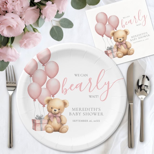 Prato De Papel Pink Balloon Bear Baby Shower (Pink Balloon Bear Baby Shower Paper Plates)