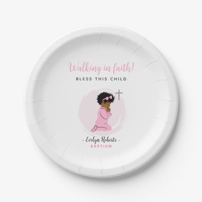 Prato De Papel Pink Baptism Plates With Black Praying Baby Girl (Frente)
