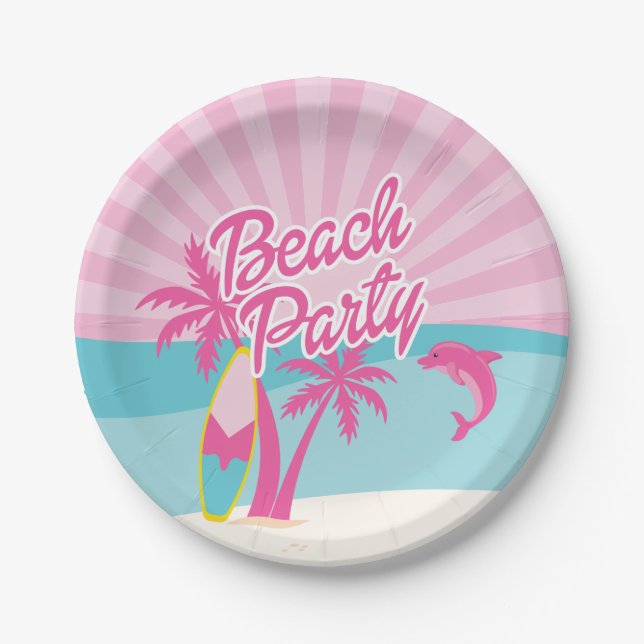 Prato De Papel Pink Beach Palm Birthday (Frente)