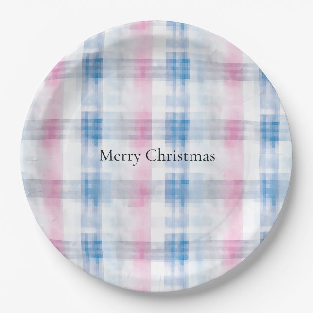 Prato De Papel Pink Blue White Plaid Stripes Christmas (Frente)
