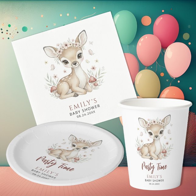 Prato De Papel Pink Blush Woodland Deer Girl Baby Shower Party (Criador carregado)