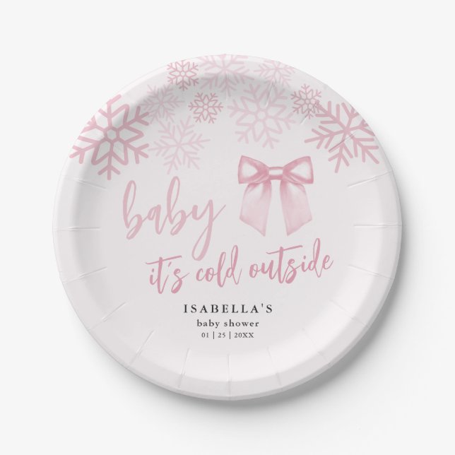 Prato De Papel Pink Bow Baby Its Cold Outside Baby Shower (Frente)