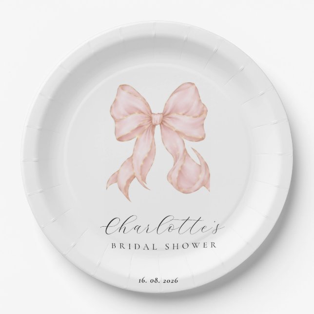 Prato De Papel  Pink Bow Bridal Shower  (Frente)