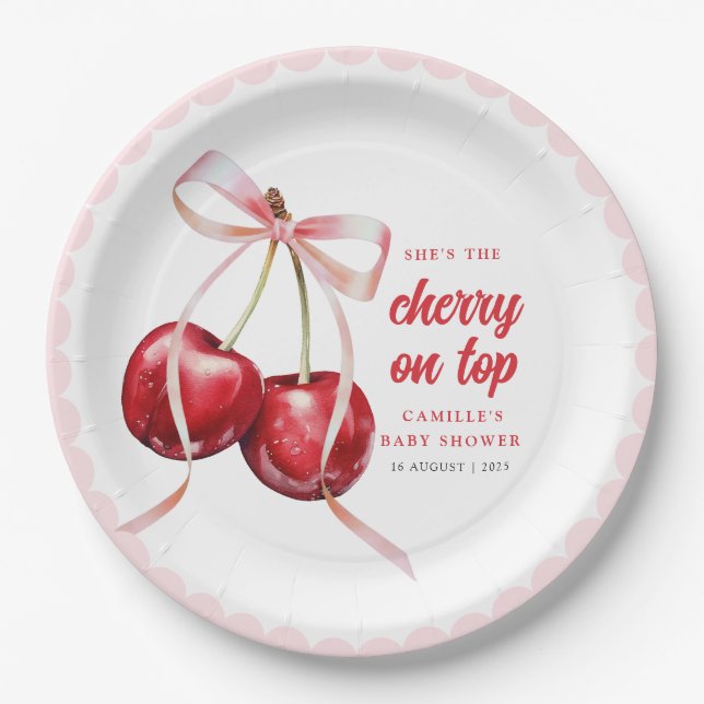 Prato De Papel Pink Bow Cherry Baby Shower Paper Plate (Frente)