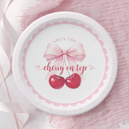 Prato De Papel Pink Bow Cherry Baby Shower Paper Plates