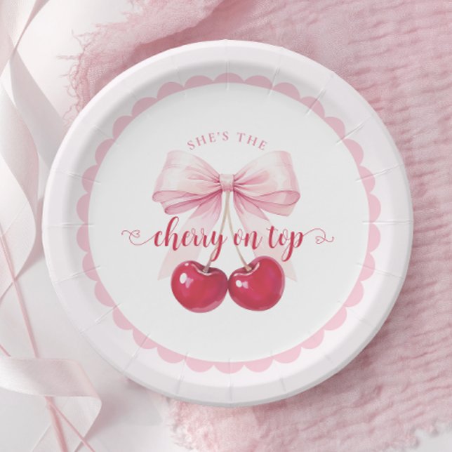 Prato De Papel Pink Bow Cherry Baby Shower Paper Plates (Criador carregado)