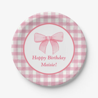 Prato De Papel Pink Bow Gingham Paper Plate 
