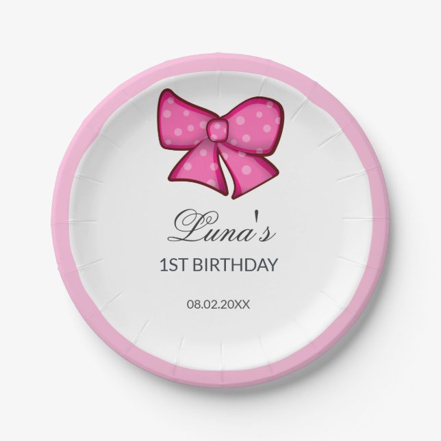 Prato De Papel Pink Bow Girl Kids 1st Birthday  (Frente)