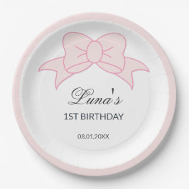 Prato De Papel Pink Bow Girl Kids 1st Birthday 
