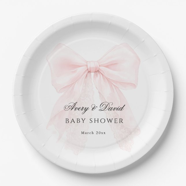 Prato De Papel Pink Bow Girl Modern Baby Shower  (Frente)