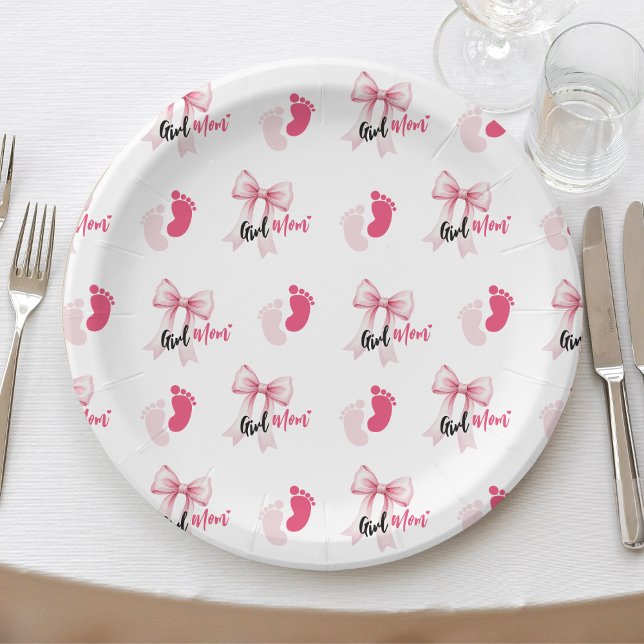 Prato De Papel Pink Bow Girl Mom Ribbon Cute Baby Shower (Criador carregado)