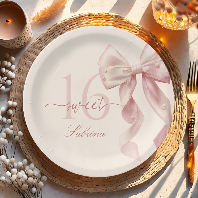 Prato De Papel Pink Bow Sweet 16 Birthday Paper Plate (Criador carregado)