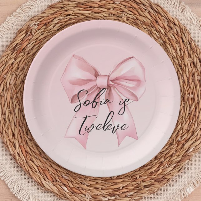 Prato De Papel Pink Bow Twelve Birthday Paper Plate (Criador carregado)