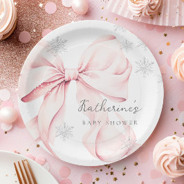 Prato De Papel Pink Bow Winter Baby Shower Party Paper Plate