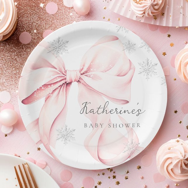 Prato De Papel Pink Bow Winter Baby Shower Party Paper Plate (Criador carregado)
