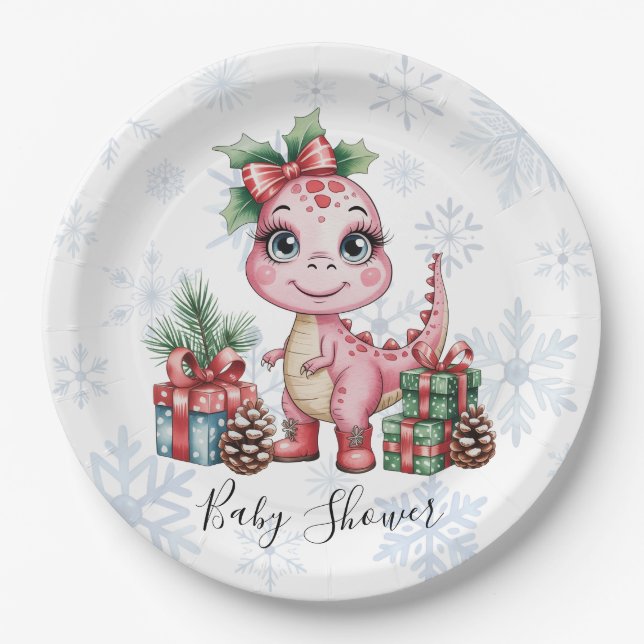 Prato De Papel Pink Christmas Dino Girl Baby Shower (Frente)