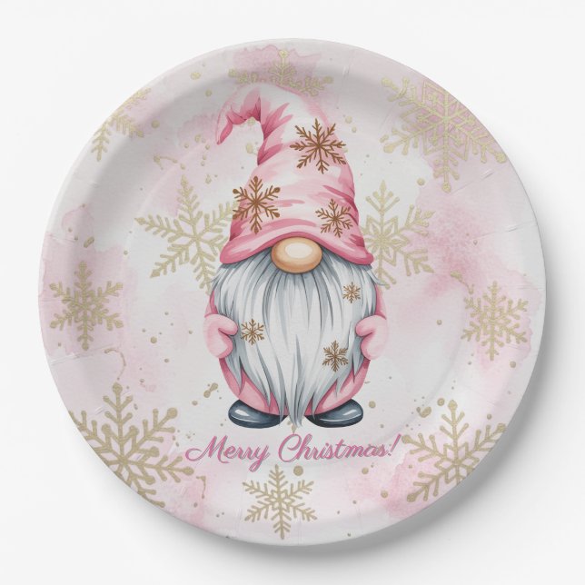 Prato De Papel Pink Christmas Gnome Gold Snowflakes (Frente)