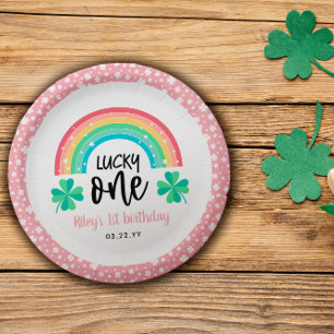Prato De Papel Pink Clover & Rainbow Lucky One First Birday