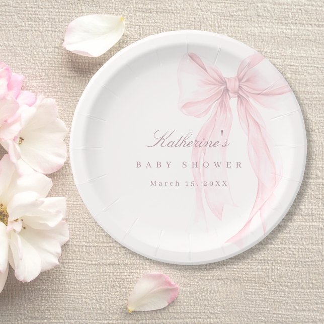 Prato De Papel Pink Coquette Bow Baby Shower (Pink Bow Baby Shower Paper Plate)