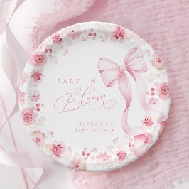 Prato De Papel Pink Floral Baby Shower Plates with Bow