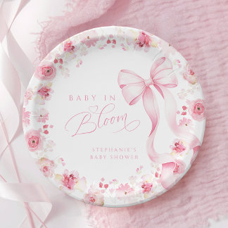 Prato De Papel Pink Floral Baby Shower Plates with Bow