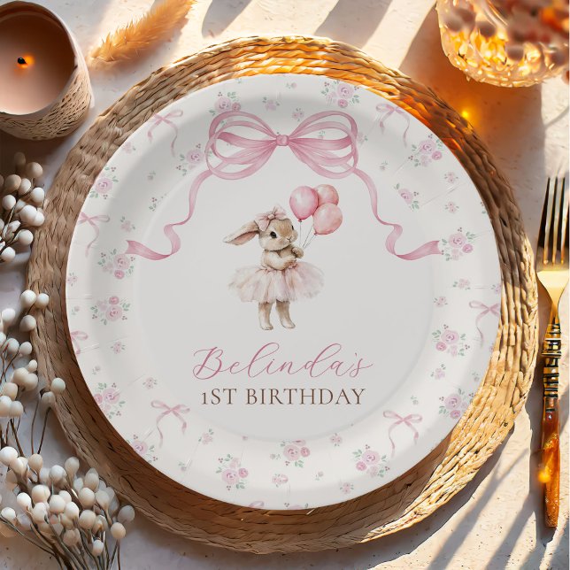 Prato De Papel Pink Floral Coquette Bow Bunny 1st Birthday (Criador carregado)