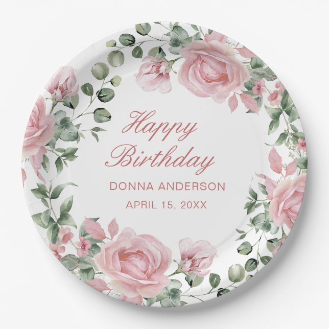 Prato De Papel Pink Floral Rose Birthday Party Plate (Frente)