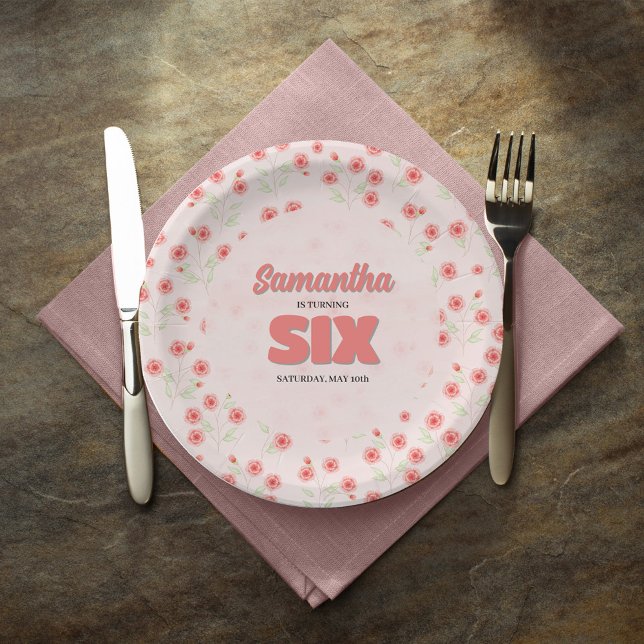 Prato De Papel Pink Floral Sixth Birthday Girl Party Custom (Celebrate her sixth birthday in style with custom party paper plates. )