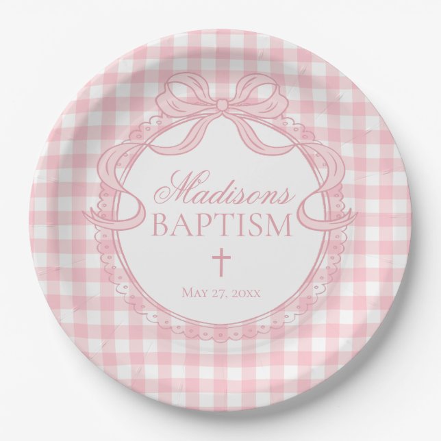 Prato De Papel Pink Gingham Coquette Bow Baptism (Frente)