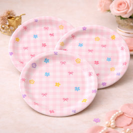 Prato De Papel Pink Gingham Floral Bow Baby Shower Paper Plates