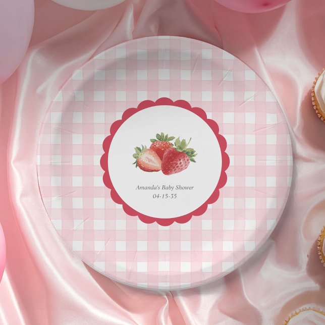 Prato De Papel Pink Gingham-Strawberry themed Baby Girl Shower (Berry Sweet Baby Girl Shower Paper Plate. Strawberry with pink gingham patterned party plates.)